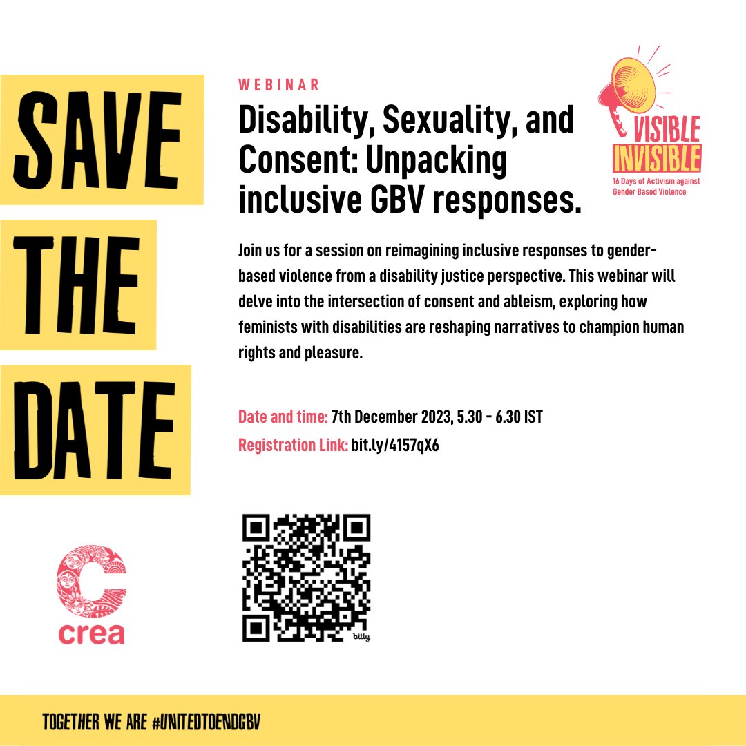 ThinkCREA's tweet photo. Join our webinar reimagining inclusive responses to GBV from a disability justice perspective, exploring how feminists with disabilities reshape narratives for human rights and pleasure.
Register here for the webinar: https://t.co/Y2ZojnuEuR 
 #VisibleInvisible #16DaysofActivism https://t.co/jCB5eo2CXP