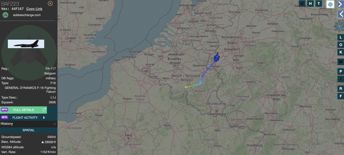 alternativewip's tweet photo. #BAC belgian air component 4x F16's on the flight radar, these having departed from florennes air base and currently heading east over the west of germany. #BAF223 #BAF222 #BAF221 #BAF211 https://t.co/CZIqQzKloM