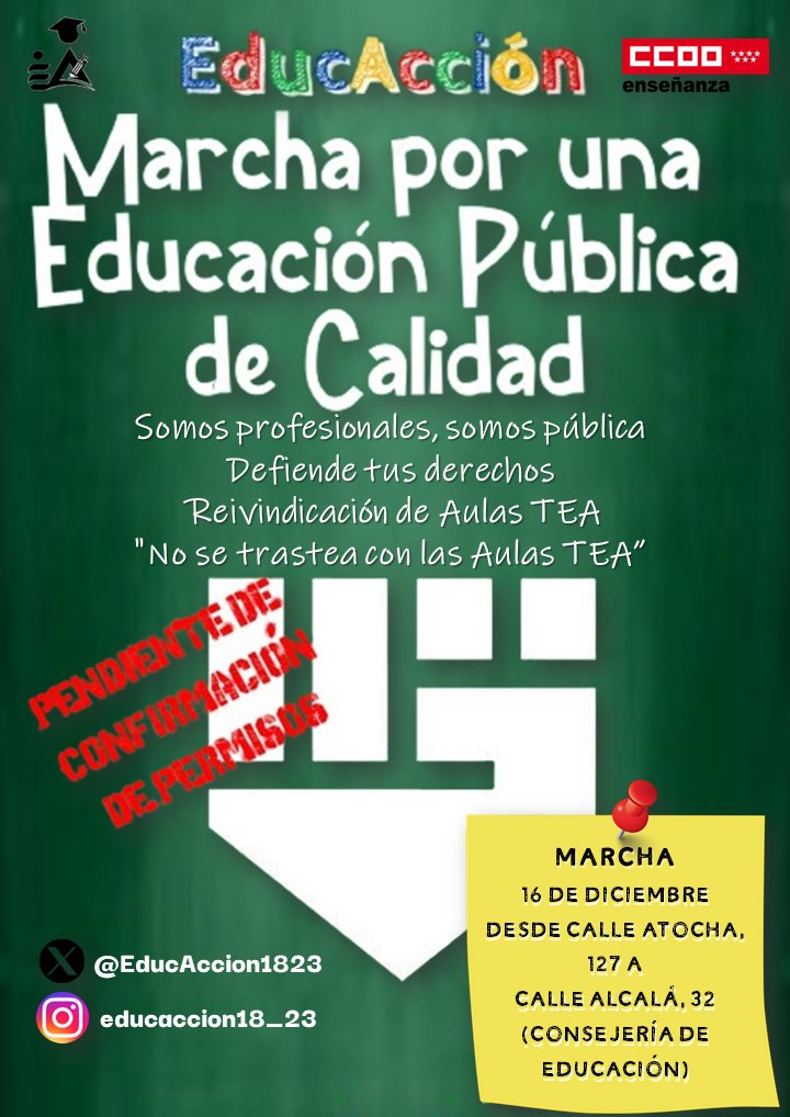 ‼️CCOO convoca y apoya la marcha por una Educación Pública de Calidad‼️ <a href="/EducAccion1823/">EducAcción</a>

📆Sábado 16 de diciembre de 2023
🕛12:00 h
📍Desde calle Atocha, 127 a calle Alcalá, 32 (Consejería de Educación)
Somos profesionales, somos pública. Defiende tus derechos. Reivindicación de