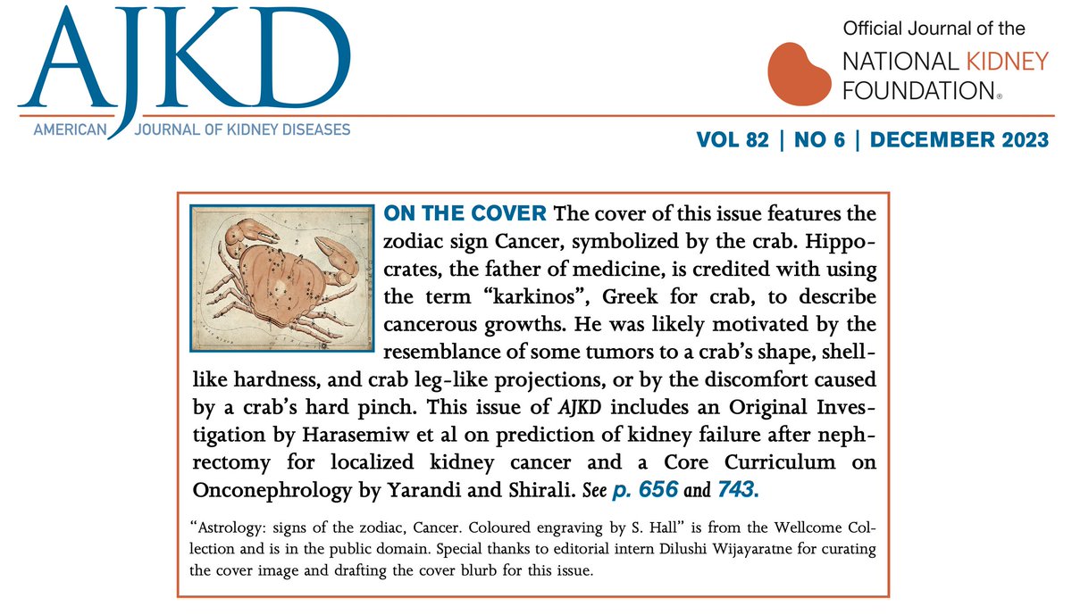 Related articles for the cover: Predictive Model for Kidney Failure After Kidney Cancer by @OksanaH12 et al: bit.ly/46L5J3e Onconephrology Core Curriculum by @NiloufarYarandi & @anushreeshirali: bit.ly/3Ss5K7y Thanks to Ed Intern @Dilushiwijay: