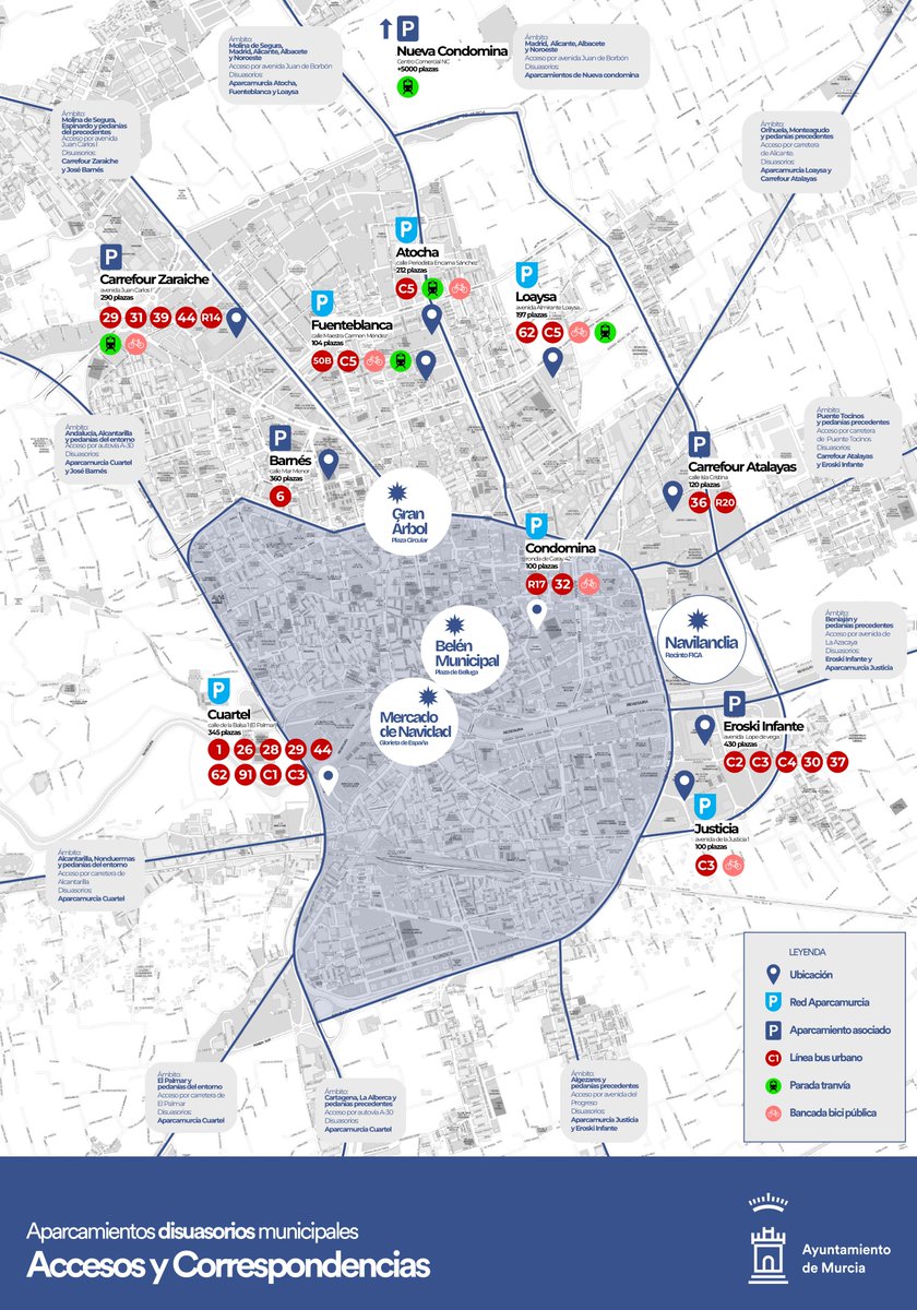 ➡️ Esta Navidad, el Ayuntamiento ha anunciado la gratuidad del transporte público hasta el 7 de enero y de los parkings de Atocha, Loaysa, Justicia, Fuenteblanca, Condomina y Arrixaca en los días de máxima afluencia. 

Consulta en la imagen qué línea y parking te viene mejor 👇