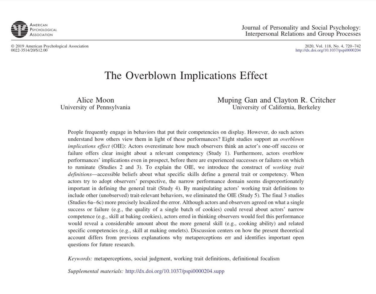 People just aren't thinking about you that much... The Overblown Implications Effect: we think people judge us by a single success or failure, but they don’t. If you mess up one meal, no one thinks you are a bad chef and if you have one great idea, no one thinks you are a genius