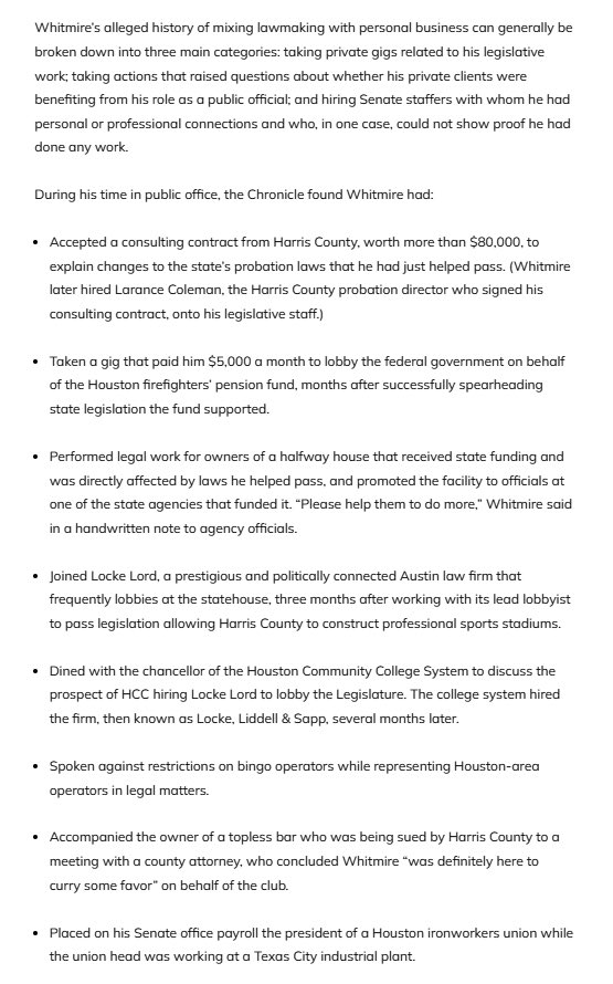 Vote Sheila Jackson Lee for Mayor of Houston over her opponent, whose alarming actions over many years are detailed in this summary. Our City will not be well served by someone with this constant pattern of conflicts of interest. From <a href="/jaspscherer/">Jasper Scherer</a> &amp; houstonchronicle.com/politics/houst…