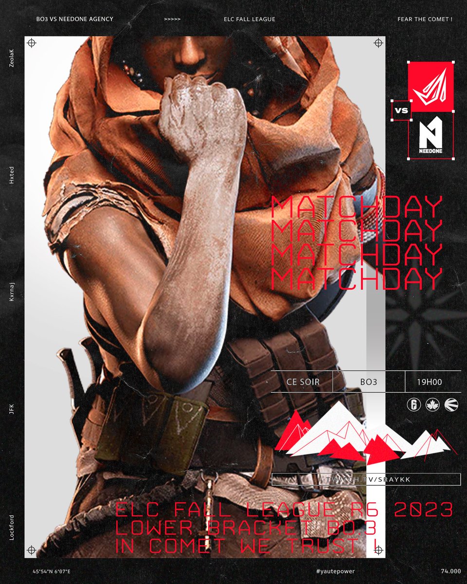 🔴 ELC FALL LEAGUE 

Alors que la fête bat son plein, nos joueurs R6 auront un match à jouer ce soir en lower bracket de <a href="/ELC_EsportsR6/">ELC Esports R6</a> ! 🔫

Nous affronterons de nouveau <a href="/NeedONE_ND1/">NeedONE.AGENCY- Pays de l"Ain - ND1</a>, en BO3 👀

🕖 19H 
➡️ twitch.tv/sraykk