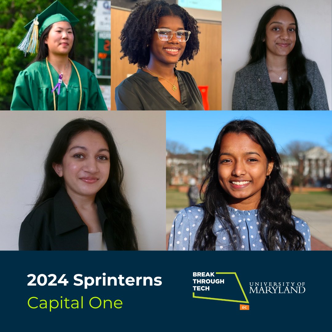 Congrats to the five #UMD students who were selected to work on the @CapitalOne Sprintern team in January! Irene Lee (@LTSCAdvising) Isatou Jawara (@umdcs) Sathvika Sangoju (CS) Purva Chimurkar (CS) Neha Veeragandham (CS) dc.breakthroughtech.org/why-participat…