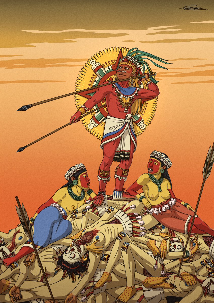 An illustration of the Sun, Tonatiuh and his Cihuateteo, standing over the defeated Tzitzimime -  ominous, powerful goddesses who seek to attack the Sun and cause cosmic instability.
#aztec #tonatiuh #tzitzimime #cihuateteo