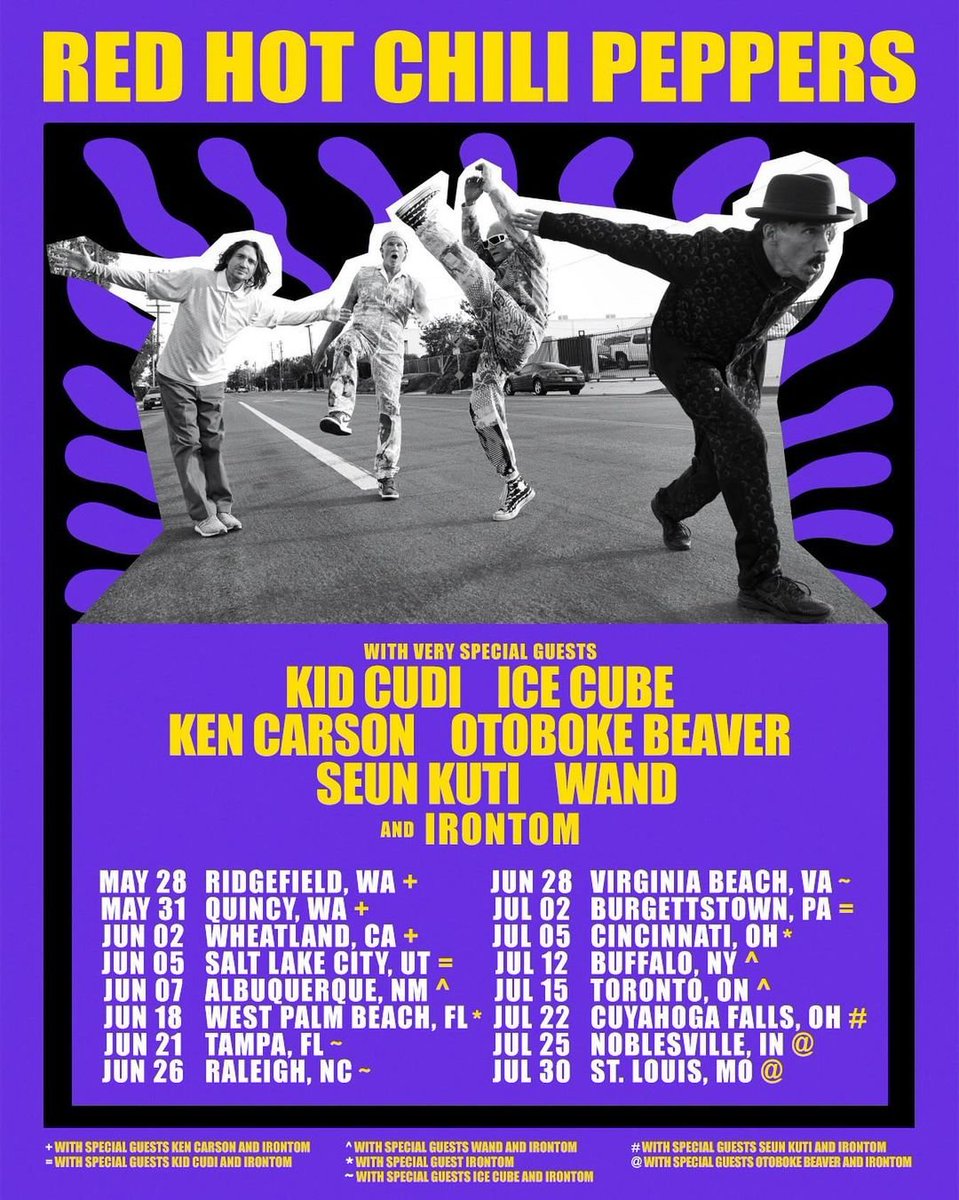 Kurrco's tweet photo. Red Hot Chili Peppers are going on tour with Ken Carson, Ice Cube and Kid Cudi next year

What is this lineup? 😭 https://t.co/oUEQNdYMIw