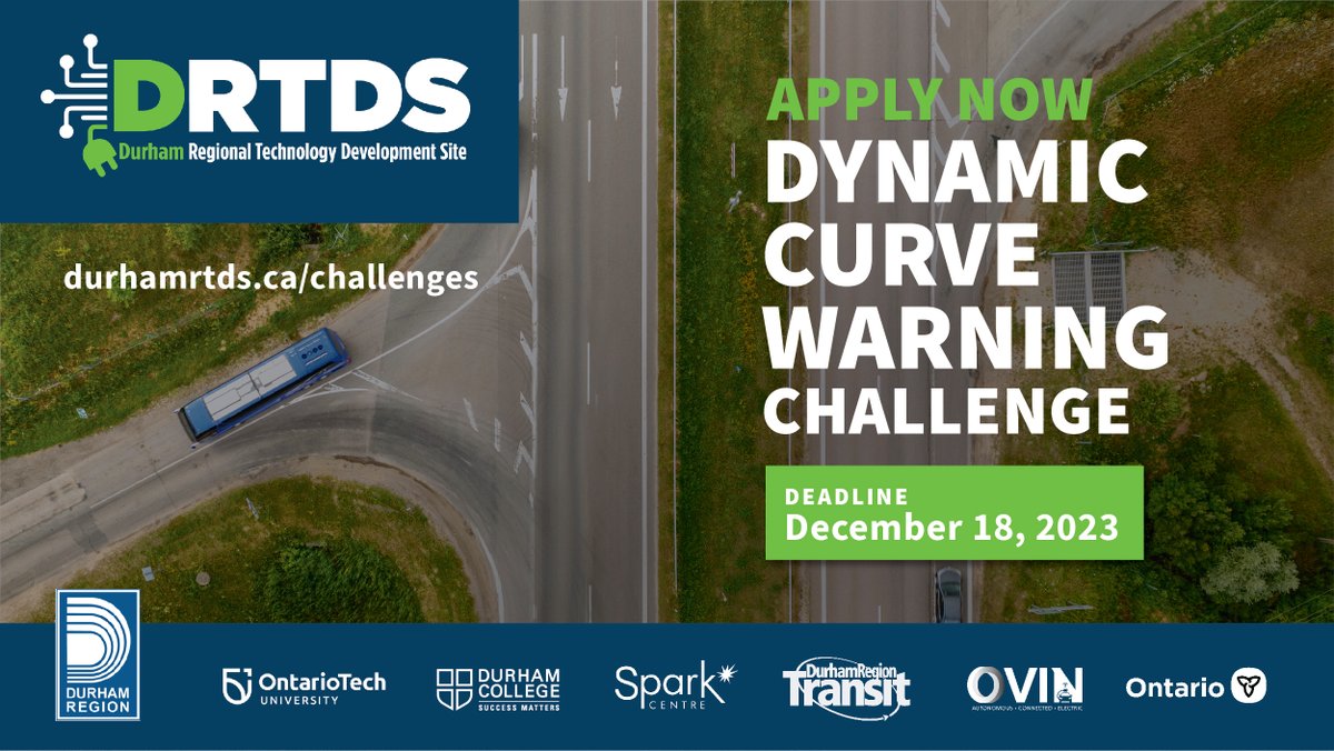 Have you heard of the "Dynamic Curve Warning" Challenge? Do you have #tech that could help increase awareness of risks associated with high-speed county curves &amp; want to pilot your solution at high-risk intersections in #DurhamRegion? 

Learn more &amp; apply: durhamrtds.ca/current-challe…