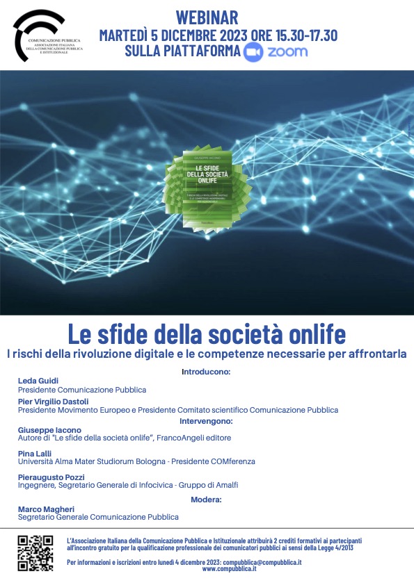 Confronto online da non perdere martedì 5 dicembre alle 15 e 30 grazie a <a href="/ComPubblica/">ComPubblica</a> e la presidente <a href="/ledaguidi/">Leda Guidi</a> sui temi del libro "Le sfide della società hashtag#onlife" edito da #EdizioniFrancoAngeli

#intelligenzaartificiale #competenzedigitali #disinformazione