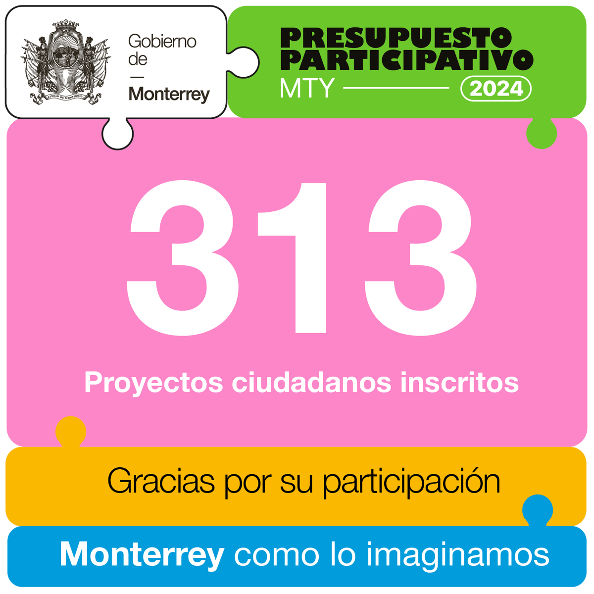 Estamos muy agradecidos y felices con tu participación para proponer un cambio a nuestra comunidad.💛

Cerramos la fase de propuestas con 313 ideas ciudadanas que nos ayudarán a armar Monterrey como lo imaginamos. ⛰️✨

¡Te esperamos para participar a partir del 1 de enero!