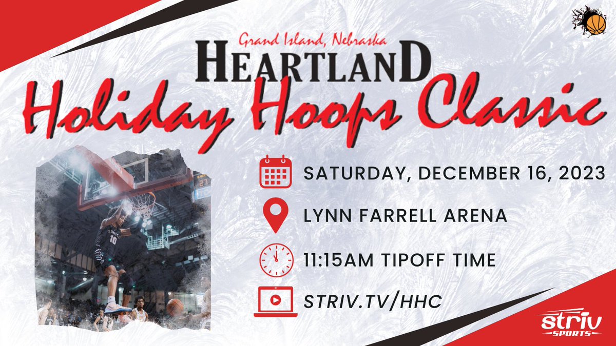 Be sure to mark your calendars for Saturday, December 16th for the 2023 Heartland Holiday Hoops Classic! Don't miss out on these 6 incredible matchups 🏀❄️ Watch EXCLUSIVELY on @StrivTV and learn more at strivsports.com/23HHHC @HHoopsClassic | #nebpreps