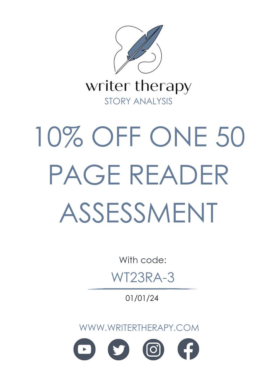 WriterTherapy's tweet image. Our last coupon of the year! Allow our talented editors at Writer Therapy to analyze the first 50 pages of your novel. Trust us, the beginning pages are the most important section of the entire manuscript. We can make it shine for you.
#EditorialServices #EditorsOfTwitter