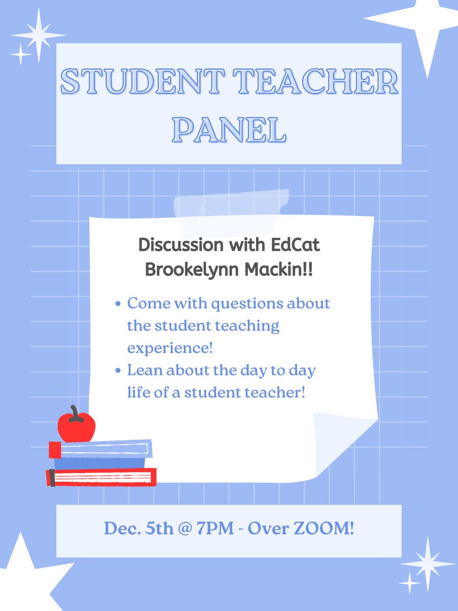 It's time for our final meeting of semester... Student Teacher Panel!! Can't wait to see you all over zoom @ 7pm this Tuesday December 5th!