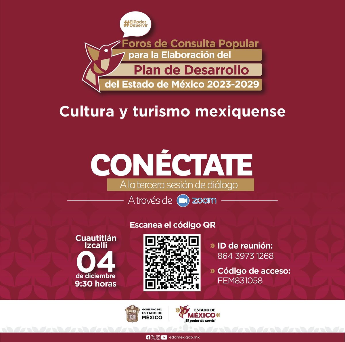 copladem's tweet photo. ¡Participa a través de Zoom en los #ForosDeConsultaPopular! 

Construyamos el futuro del Estado de México

6 Mesas Temáticas, conéctate al tema de tu interés

📅 4 de diciembre https://t.co/ogTksxQaQz