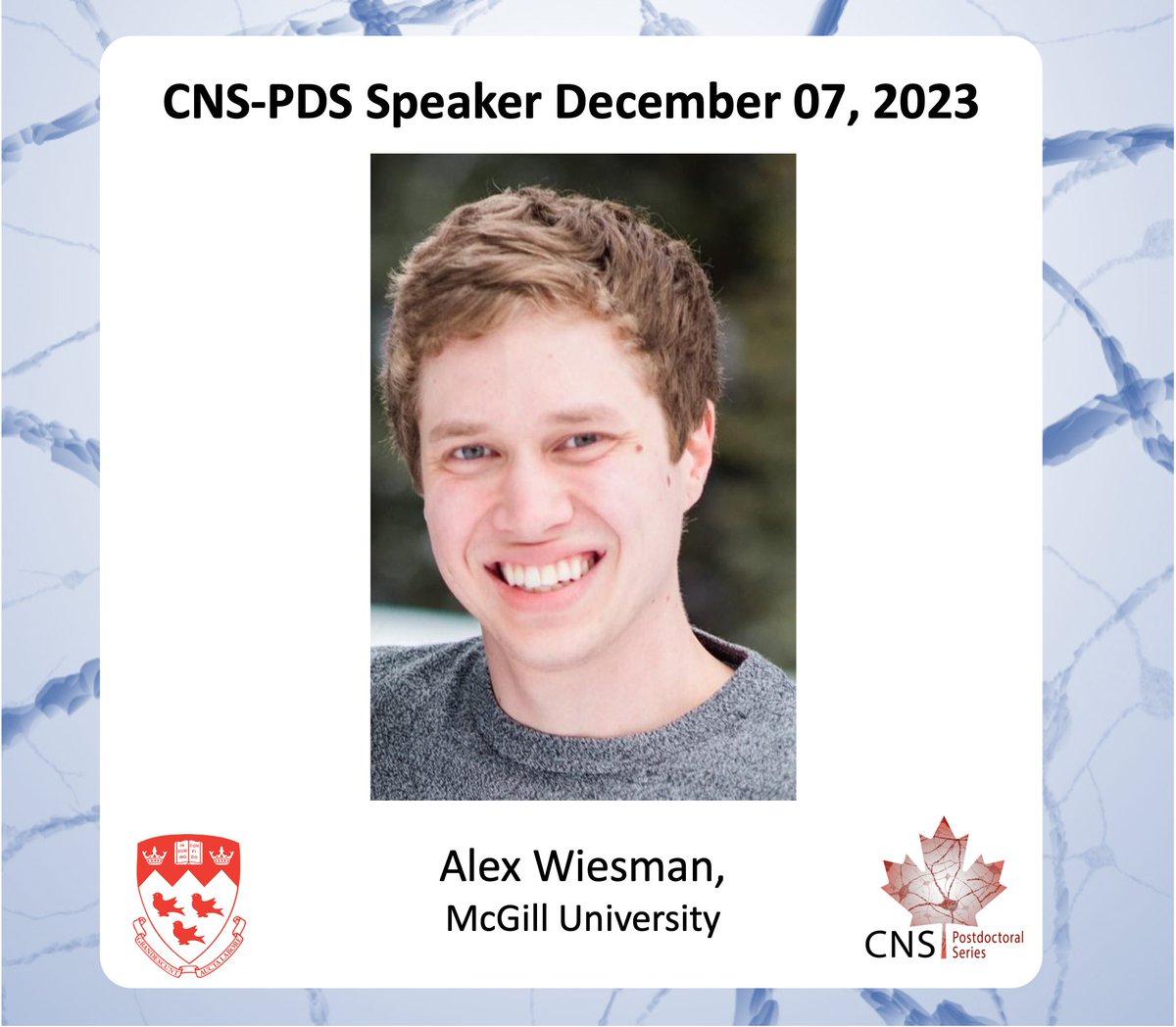 CNS_PDS's tweet photo. Join us on Thursday December 7th, 2023 @ 12pm PT / 3pm ET 🧠🇨🇦
For our first talk, we have Dr. @AlexWiesman from @mcgillu presenting his work on multi-spectral #neuro-physiological slowing in patients with #NeurodegenerativeDiseases
@CAN_ACN
https://t.co/dxV9AkNtVl https://t.co/srpWeU9Cex