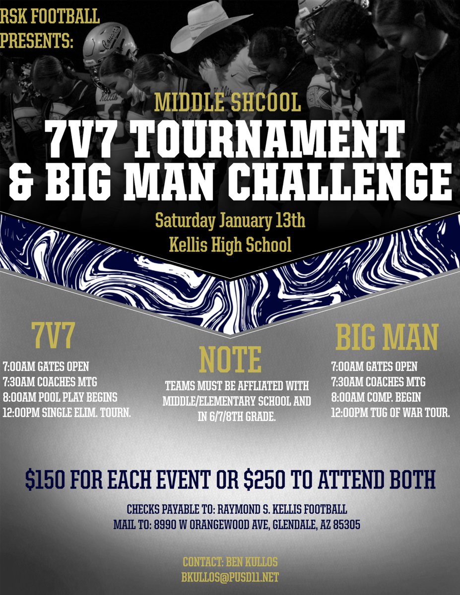 Coach Ben Kullos (@bkullos) on Twitter photo Extremely excited to host our 1st Annual Middle School 7v7 and Big Man Challenge in January.
Spots are already filling up! Please email me at bkullos@pusd11.net to get more information and secure your spot!
Please considering passing this on to a coach who may be interested! Extremely excited to host our 1st Annual Middle School 7v7 and Big Man Challenge in January.
Spots are already filling up! Please email me at bkullos@pusd11.net to get more information and secure your spot!
Please considering passing this on to a coach who may be interested!