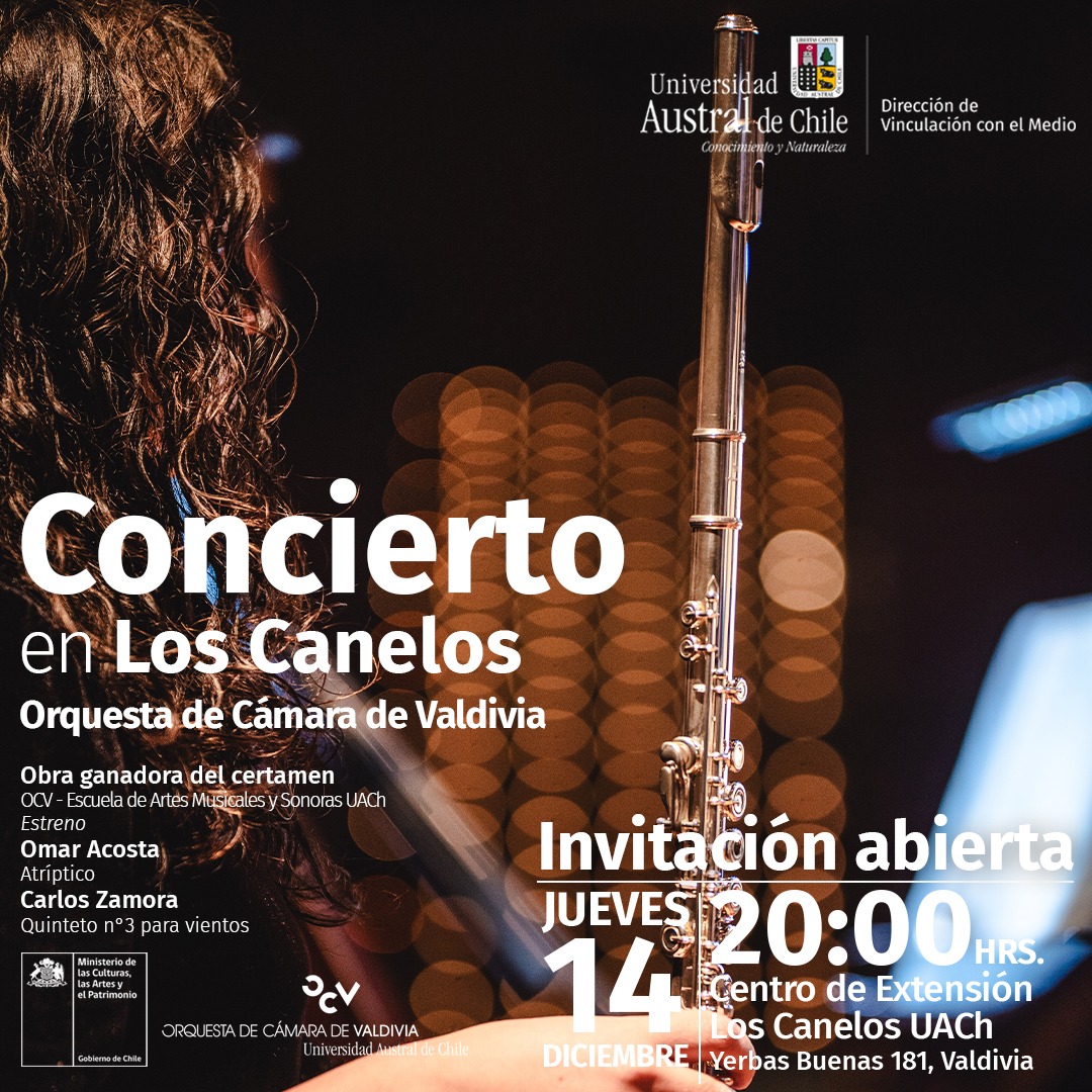 ¡Nuevo concierto gratuito! 🤩🎻 Este 14 de diciembre a las 20:00 horas en la Carpa del Campus Los Canelos. 

Disfruta de los instrumentos de viento en obras únicas y el estreno exclusivo de una obra ganadora de certamen.

Te esperamos.

#OCV #UACh #ValdiviaCl
