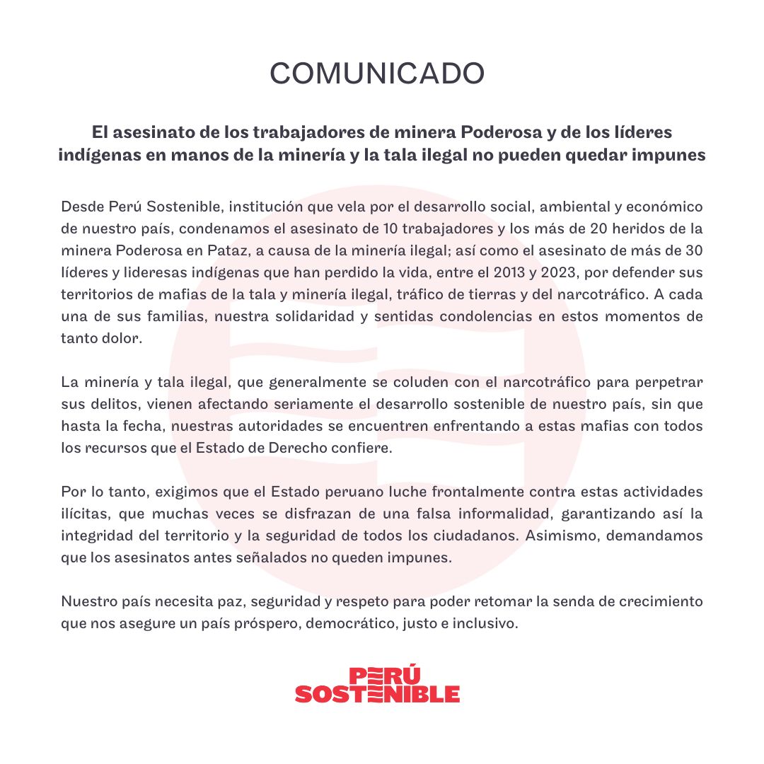 #Comunicado: El asesinato de los trabajadores de minera Poderosa y de los líderes indígenas en manos de la minería y la tala ilegal no pueden quedar impunes