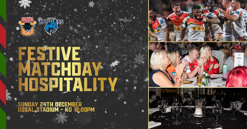 OfficialBullsRL's tweet photo. 🎄 Festive Showdown: Indulge in Christmas Eve Hospitality with Bradford Bulls vs Halifax Panthers - £32 for a Two-Course Breakfast Brunch! 🍽️