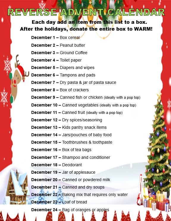 WARMTX's tweet photo. REVERSE ADVENT CALENDAR 🎁
Please consider participating for the Christmas season and bringing the box/bag to WARM to help fill our shelves in the New Year. https://t.co/l8gjsuX35D