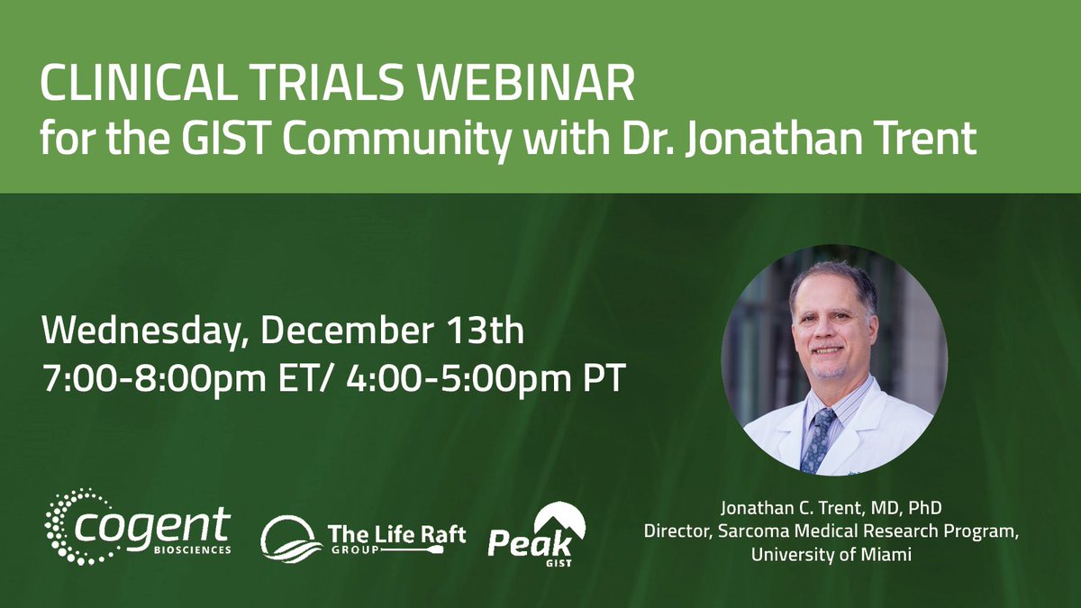 In collaboration with @Liferaftgroup, @CogentBio will be hosting a webinar for the GIST Patient & Caregiver Community. Dr. Jonathan Trent will be presenting an overview of our Peak Clinical Trial (NCT05208047). Register now using the link here: events.bizzabo.com/GIST_ClinicalT…