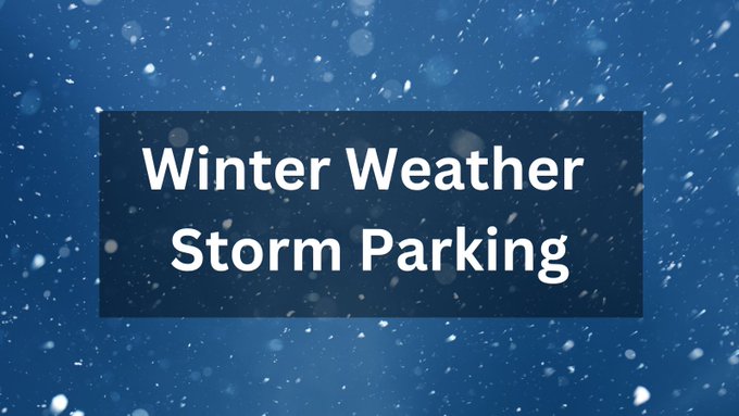 A photo of a fluffy white pile of snow with flakes falling from the sky. Text in the middle of the photo reads “Winter weather storm parking".