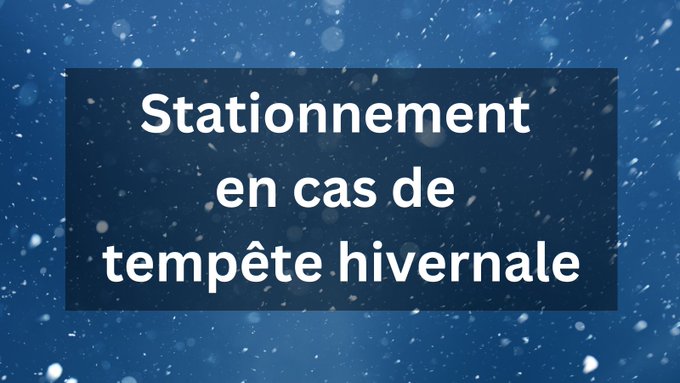 Photo d’un amas de neige blanche poudreuse et de flocons qui tombent du ciel. Au milieu, on peut lire « Stationnement  en cas de tempête hivernale».