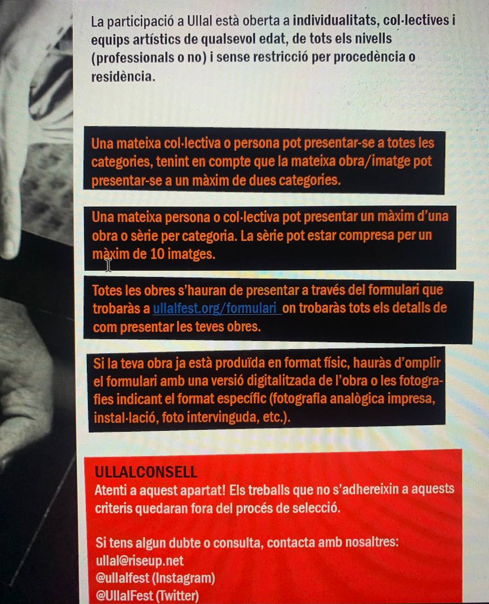 OBRIM CONVOCATÒRIA!🔥 Si amiga, ja tenim aquí la tercera edició d'ULLAL, el festival de fotografia que mossega la realitat des de les lluites de base, pràctiques de resistència i cossos dissidents.   

📷Volem que t'hi presentis! #UllalFest

👉ttps://ullalfest.org/convocatoria/