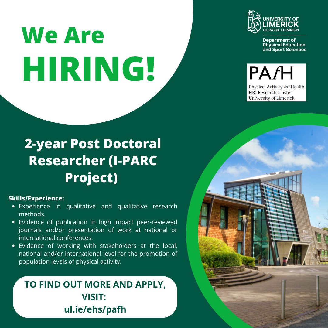Join the <a href="/PAfH_UL/">Physical Activity for Health Research Centre @UL</a> research centre as a Post Doctoral Researcher!

If you would like to work in the <a href="/PessLimerick/">PESS @ UL</a> department known for conducting leading edge research on physical activity, physical education and sport and exercise sciences, see opportunities ⬇️