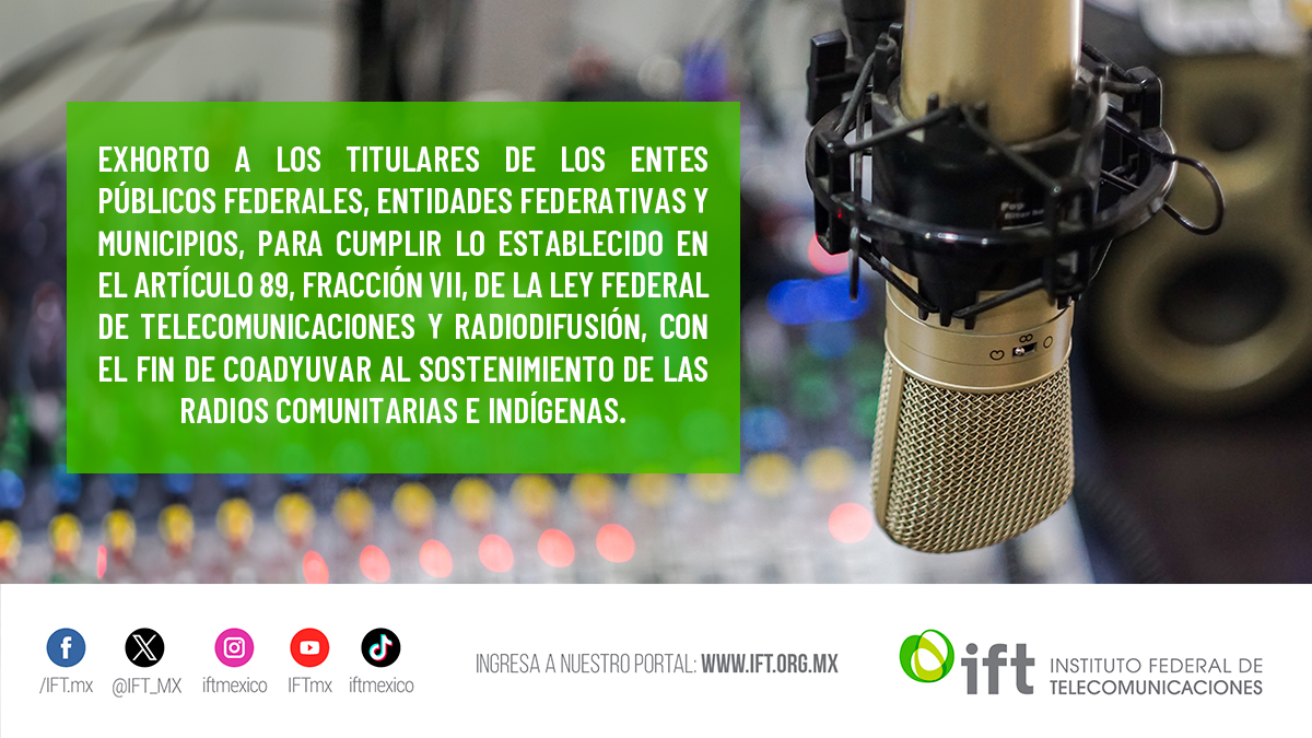 IFT_MX's tweet photo. El Comisionado @juarezmojica hace este exhorto, para que los entes públicos, entidades y municipios, asignen el 1% de sus montos de comunicación social y publicidad, para que más concesiones comunitarias e #Indígenas reciban los recursos que dispone la Ley
https://t.co/C2wlGgNj2G https://t.co/w2OMqDLpxz