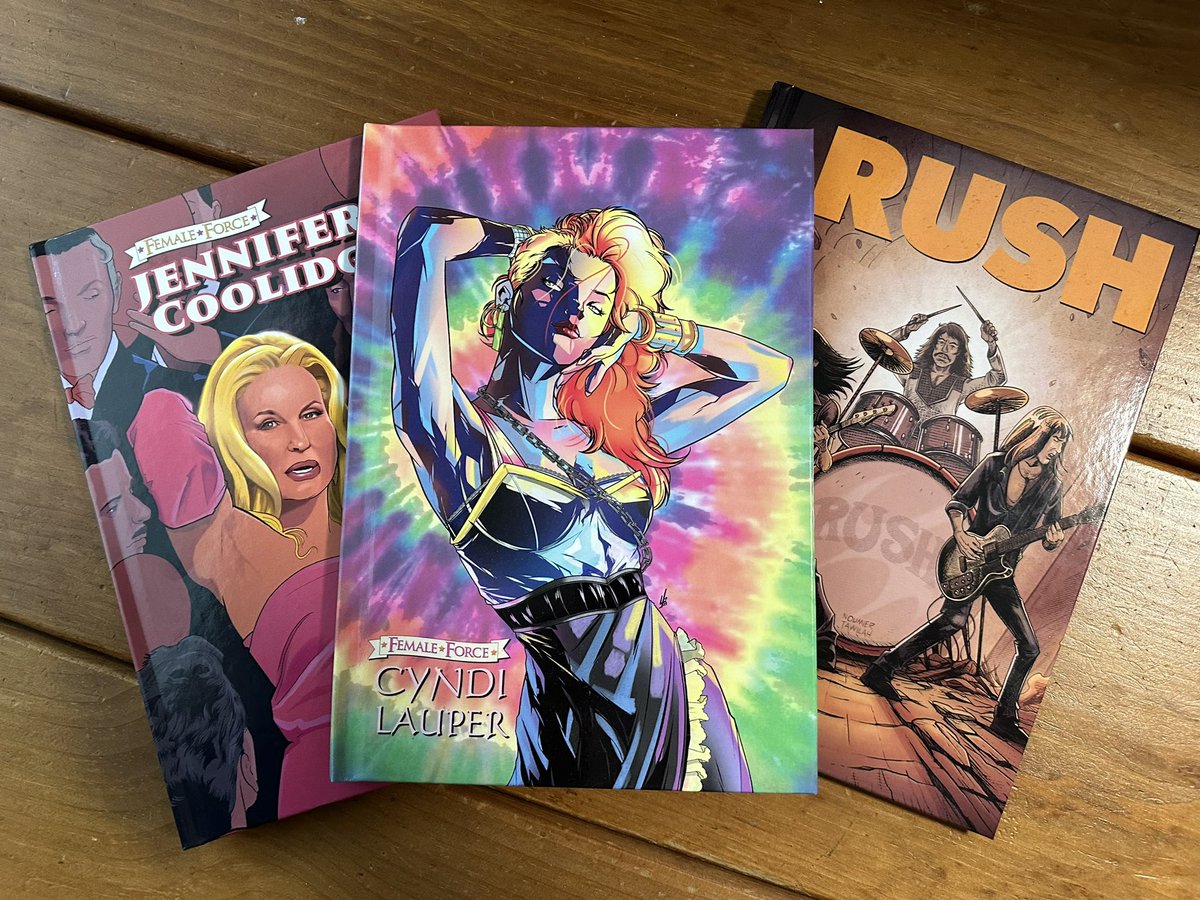 DarrenGD's tweet photo. Just got these hardcover printer proofs in the mail today. They came out amazing. All of them are available on Amazon for pre-order. π€ #NewComics #HolidayGift #CyndiLauper #JenniferCoolidge #GettyLee #rushtheband #graphicnovels https://t.co/smAY1MBiHB