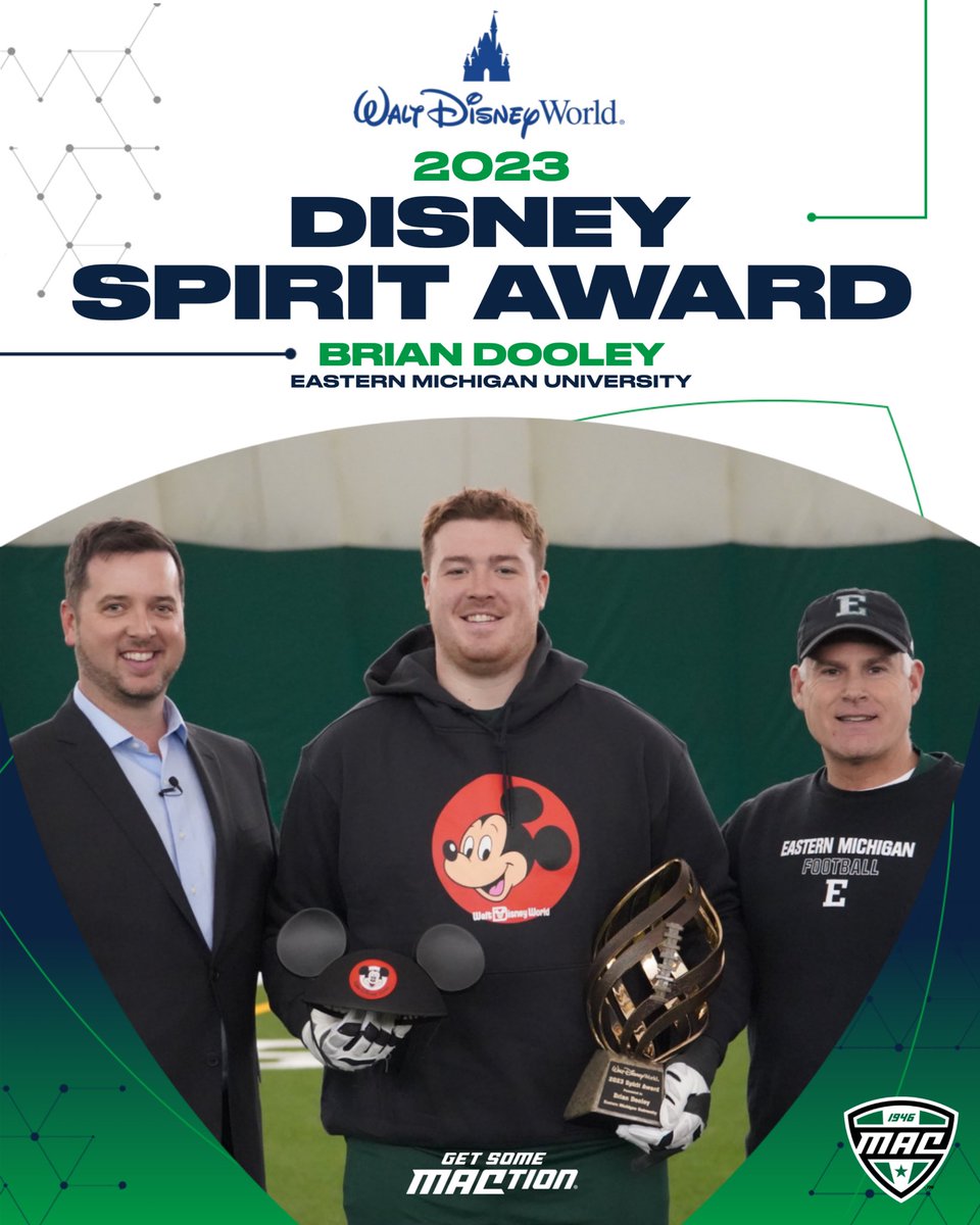 Eastern Michigan’s Brian Dooley earns 2023 Disney Spirit Award! The award was created to honor people like Dooley who demonstrate an indomitable spirit and a willingness to help others. @EMUFB | @WaltDisneyWorld | #MACtion