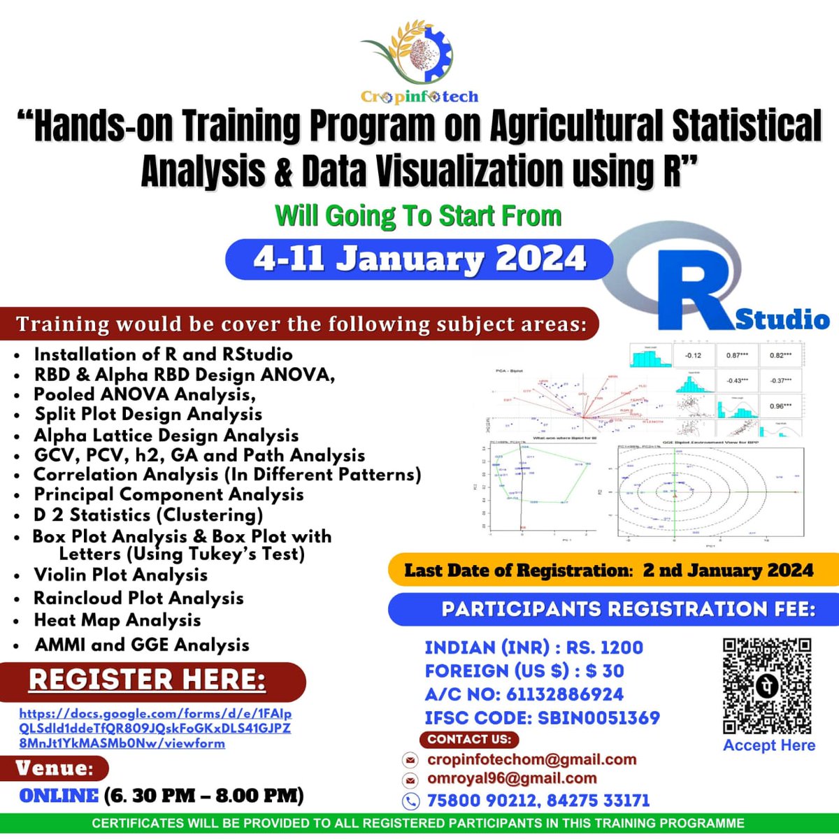 OmPankaj2's tweet photo. “Hands-on Training Program on Agricultural Statistical Analysis &amp; Data Visualization using R”  will going  to start from January 4-11, 2024  with  the collaboration of "CropInfoTech".

Registration Link:https://t.co/7xisG7ScHS
@Gurjeet85572435
@SantoshGudi5 @Pradeepku98 https://t.co/tSQrg4npYf