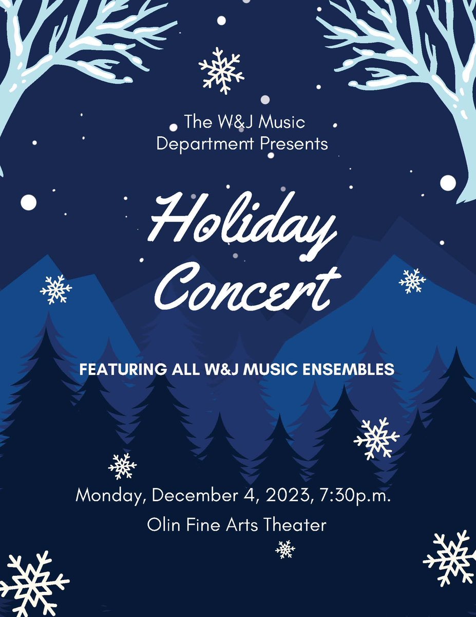 WJMusicDept's tweet photo. Happy last week of classes! Come unwind with the W&amp;J Music Department at their annual holiday concert! Come hear the Marimba Ensemble, Choirs, Jazz Ensemble, and Wind Ensemble play all of your holiday favorites! TONIGHT, at 7:30, in Olin Theatre. https://t.co/FJT40fEcEH