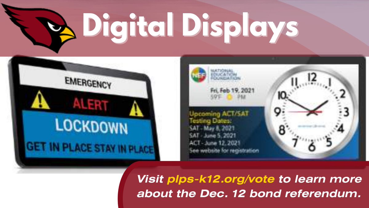 You’ve heard that bond referendum projects would improve security, but what does that really mean for our schools? It means digital displays for emergency notifications and everyday communication. See more projects at plps-k12.org/vote.