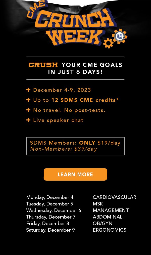 SDMS on X: Sign Up for One Day or All! CME Crunch Week, Dec 4-9, No  Travel, No Post-Tests, Crush Your CME Goals in Just 6 Days!