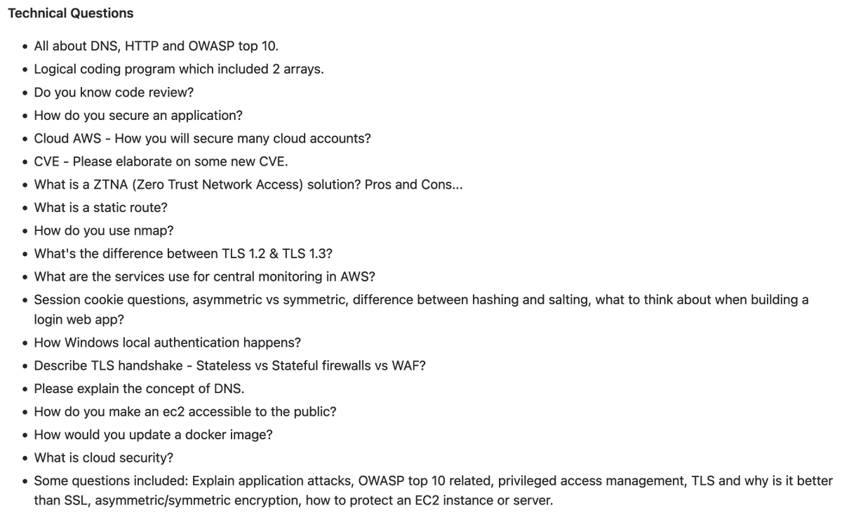 clintgibler's tweet image. 👔 Security Architect & Principal Security Engineer Interview Questions
A consolidated list of questions pulled from Glassdoor
From: Netflix, Morgan Stanley, Wiz, & more
* Technical
* Behavioral and Influential
* Frameworks/Design/Threat Modeling
github.com/tadwhitaker/Se…
