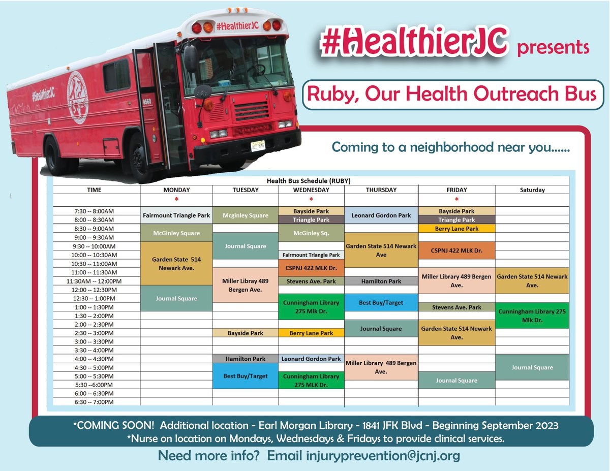 Healthier JC (@healthierjc) on Twitter photo Ruby, Our Health Outreach Bus is outfitted w/ washer, dryer, shower & compassionate outreach workers. Built to provide critical services to at-risk homeless residents & she is coming to a neighborhood near you! Ruby's current tour schedule is posted here #HealthierJC <a href="/JerseyCity/">City of Jersey City</a> Ruby, Our Health Outreach Bus is outfitted w/ washer, dryer, shower & compassionate outreach workers. Built to provide critical services to at-risk homeless residents & she is coming to a neighborhood near you! Ruby's current tour schedule is posted here #HealthierJC <a href="/JerseyCity/">City of Jersey City</a>