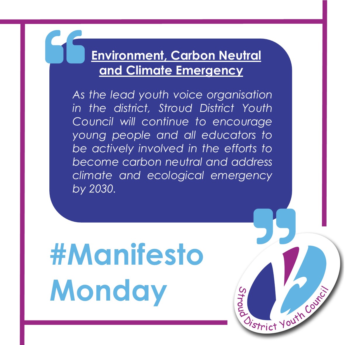 Our 2023/24 social media campaign series continues with a spotlight on Environment, Carbon Neutrality & Climate Emergency
#ManifestoMonday initiative shares one of the SDYC Manifesto statements each week & reflects the diversity of SDYC's work & the issues affecting young people.