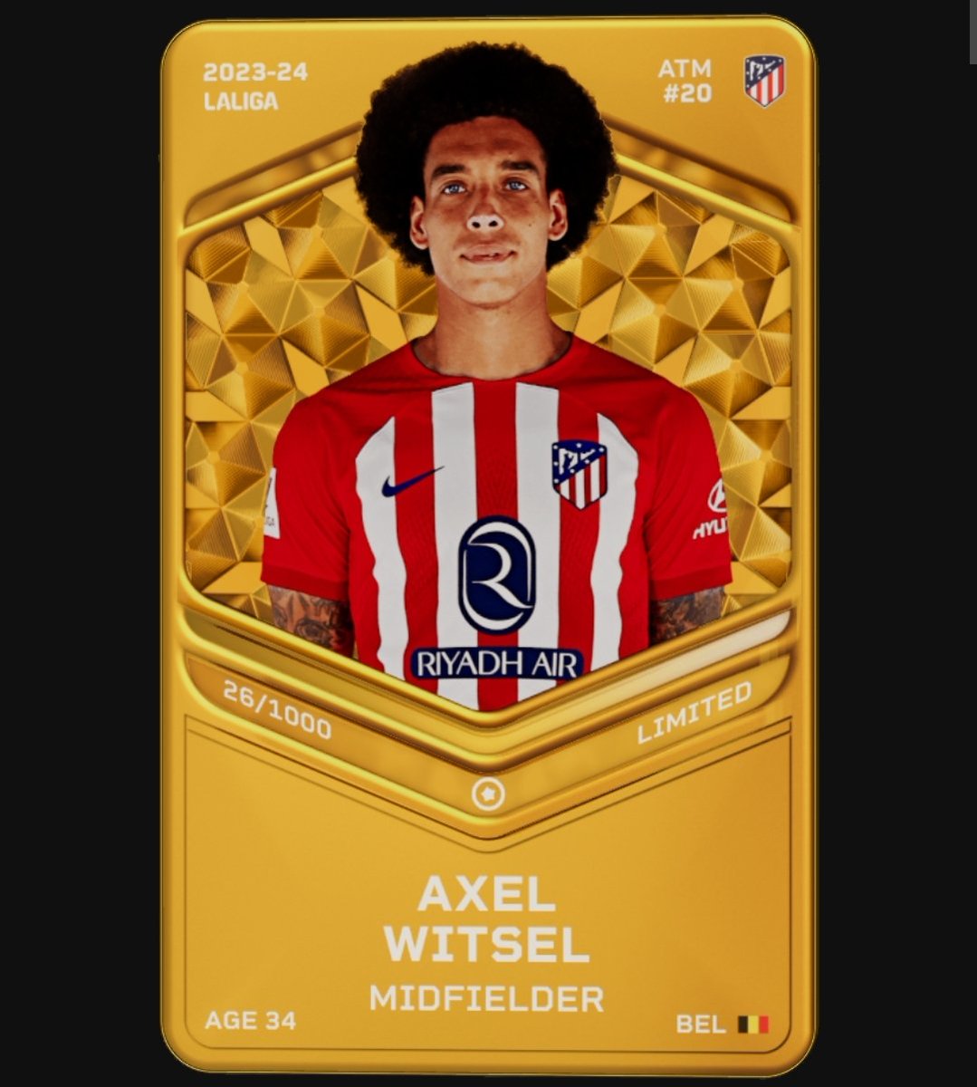 It's GIVEAWAY time!

In conjuction with <a href="/FansAndTokens/">FANS LOVE IT!</a>, we will be giving away this <a href="/Sorare/">Sorare</a> Limited Axel Witsel card. A regular fixture for <a href="/Atleti/">Atlético de Madrid</a>, he can be yours by:

1. Follow me, Like &amp; Retweet
2. Follow <a href="/FansAndTokens/">FANS LOVE IT!</a>

Winner drawn Wednesday night at 9pm! Good luck!