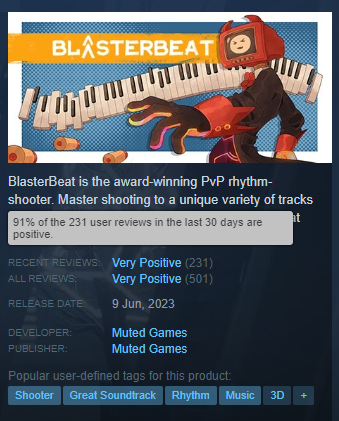 BlasterBeatGame's tweet photo. Yooo guys that's crazy, already 500 reviews and 230 in the last few weeks! And about 850 custom music tracks!

Building a whole new community of melomans right here. Join our discord btw, we share their beatmaps :)

https://t.co/ugc5SHiR60  
#Indiegame, #shooter, #freegame https://t.co/AbIR0Alm8B