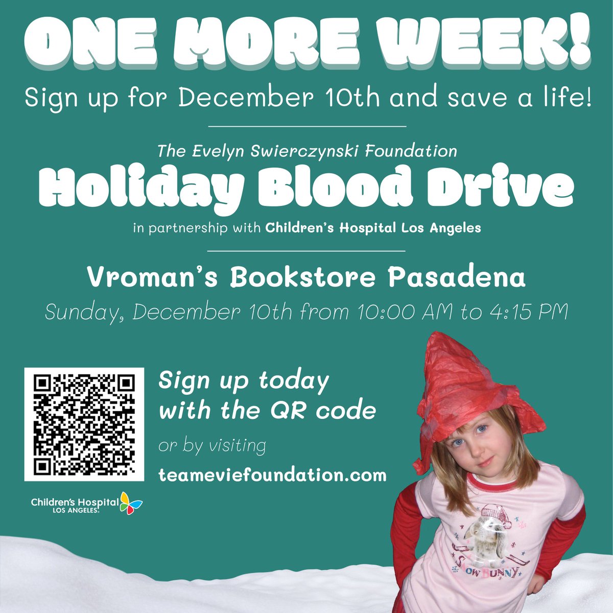 swierczy's tweet photo. L.A./Pasadena friends! There are still appointments available for this year's Team Evie Holiday Blood Drive, right outside @vromans. If you have some of the red stuff to spare for kids who really need it, sign up today. https://t.co/O2wzU7XTyz