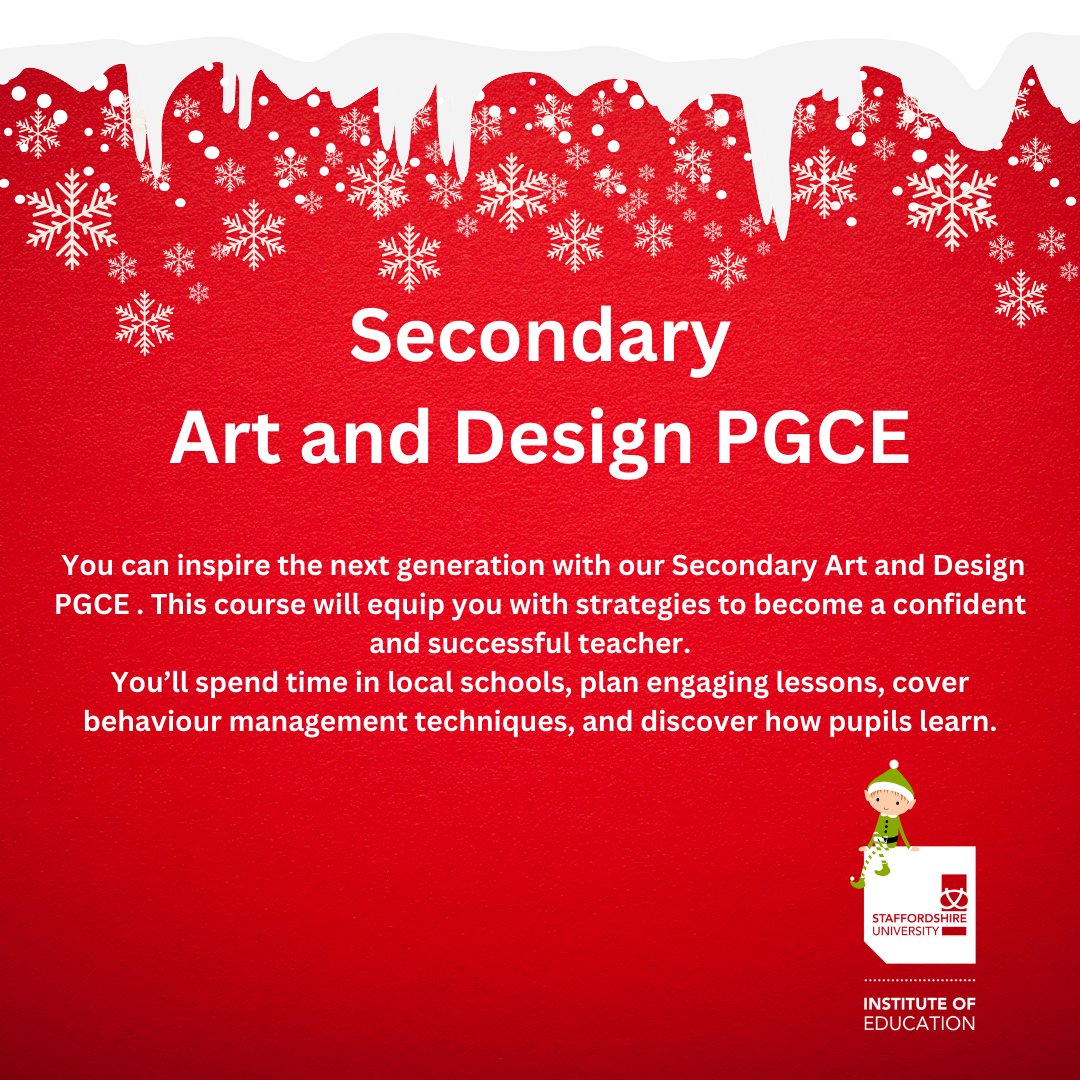 UniofStaffsIOE's tweet photo. Spotlight on our amazing PGCE courses for the #12daysofchristmas from the IOE 🎁   
Take a look: https://t.co/0njNSRvIri

#PGCE #IOEStaffs #WhereYouMatter #Traintoteach #christmas #Getintoteaching @staffsuni #University #UKUniversity #Teaching #ArtandDesignTeacher #Art https://t.co/cJsWYkpz38