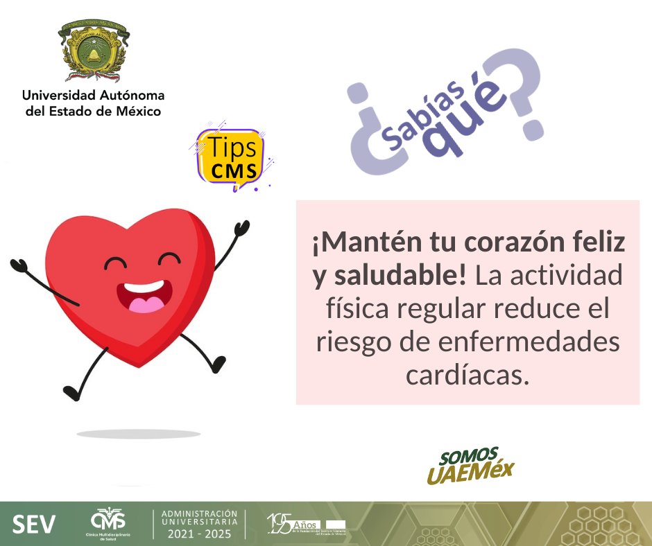 ¿Quieres un corazón feliz y saludable?
#TipsCMS
#SomosCMSUAEMéx
#SomosUAEMéx