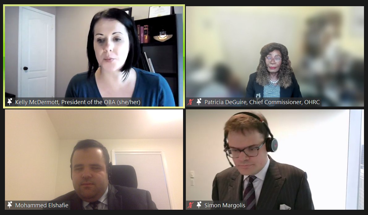 OBA President Kelly McDermott moderates a discussion with Patricia DeGuire, Chief Commissioner of <a href="/OntHumanRights/">The OHRC</a>, Mohammed Elshafie of <a href="/conwayllpsrl/">Conway Baxter Wilson LLP/s.r.l.</a> in Ottawa and Simon Margolis of @BLGLaw in Toronto during today's International Day of Persons with Disabilities program.