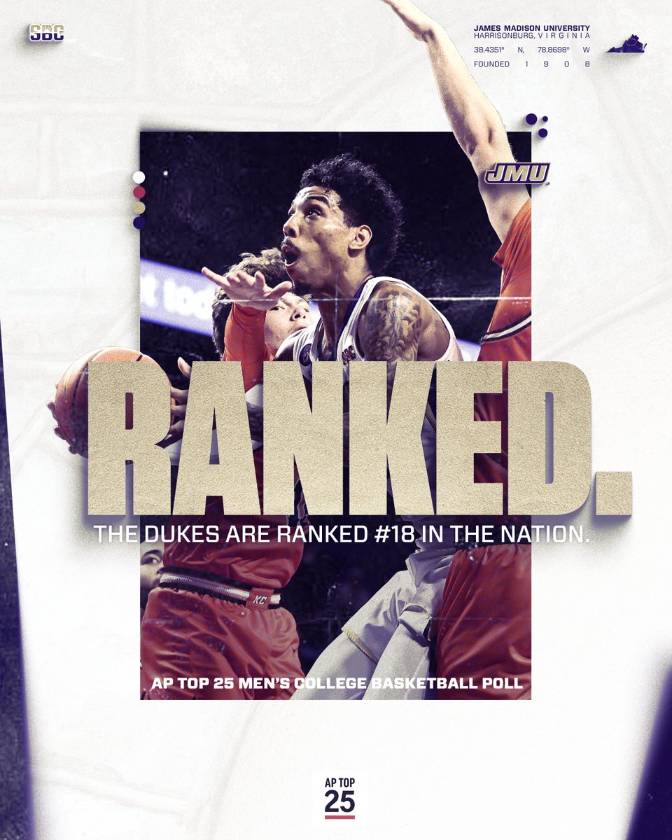 JMUMBasketball's tweet photo. Moving on 🆙

After two more victories this week, the Dukes moved up four spots to #18 in the latest AP Top 25!

📰 https://t.co/you6BwlizV

#GoDukes https://t.co/xxV5WdT8qs
