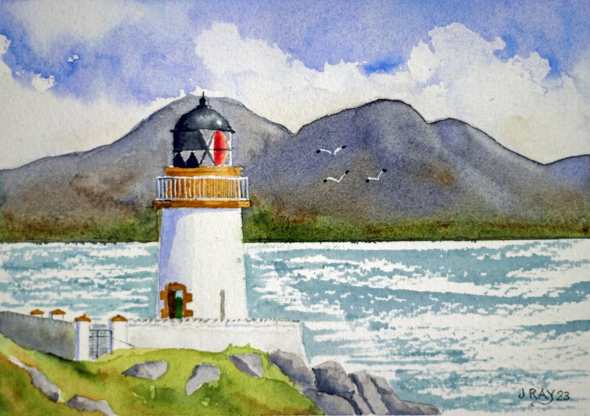 SeaStackJohn's tweet image. Watercolour painting of Port Charlotte Lighthouse, Islay.