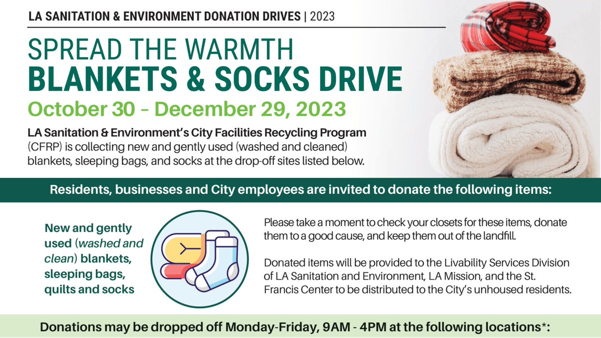 LACity's tweet photo. The @LACitySAN Spread the Warmth Blanket and Socks drive is in full swing until Dec. 29. Donations of blankets, sleeping bags, quilts and socks are greatly encouraged. #SpreadTheWarmth #AllInForLA https://t.co/STW43MoOd4