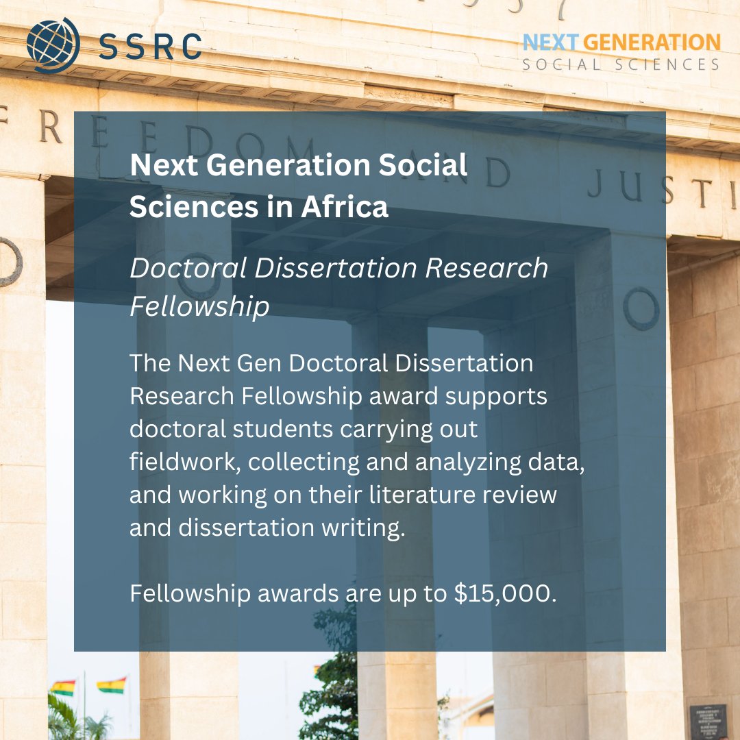 The Next Gen Doctoral Dissertation Research Fellowship award supports doctoral students carrying out fieldwork, collecting and analyzing data, and working on their literature review and dissertation writing. Fellowship awards are up to $15,000. ssrc.org/programs/next-…