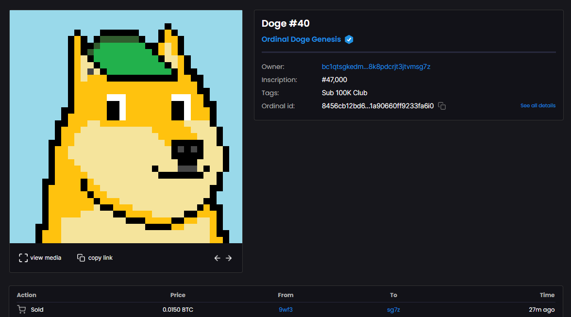 Some lucky dog just got one of the best doge's of our genesis collection for 40% off floor price!

Doge #40
Inscription #47000
Clean af!